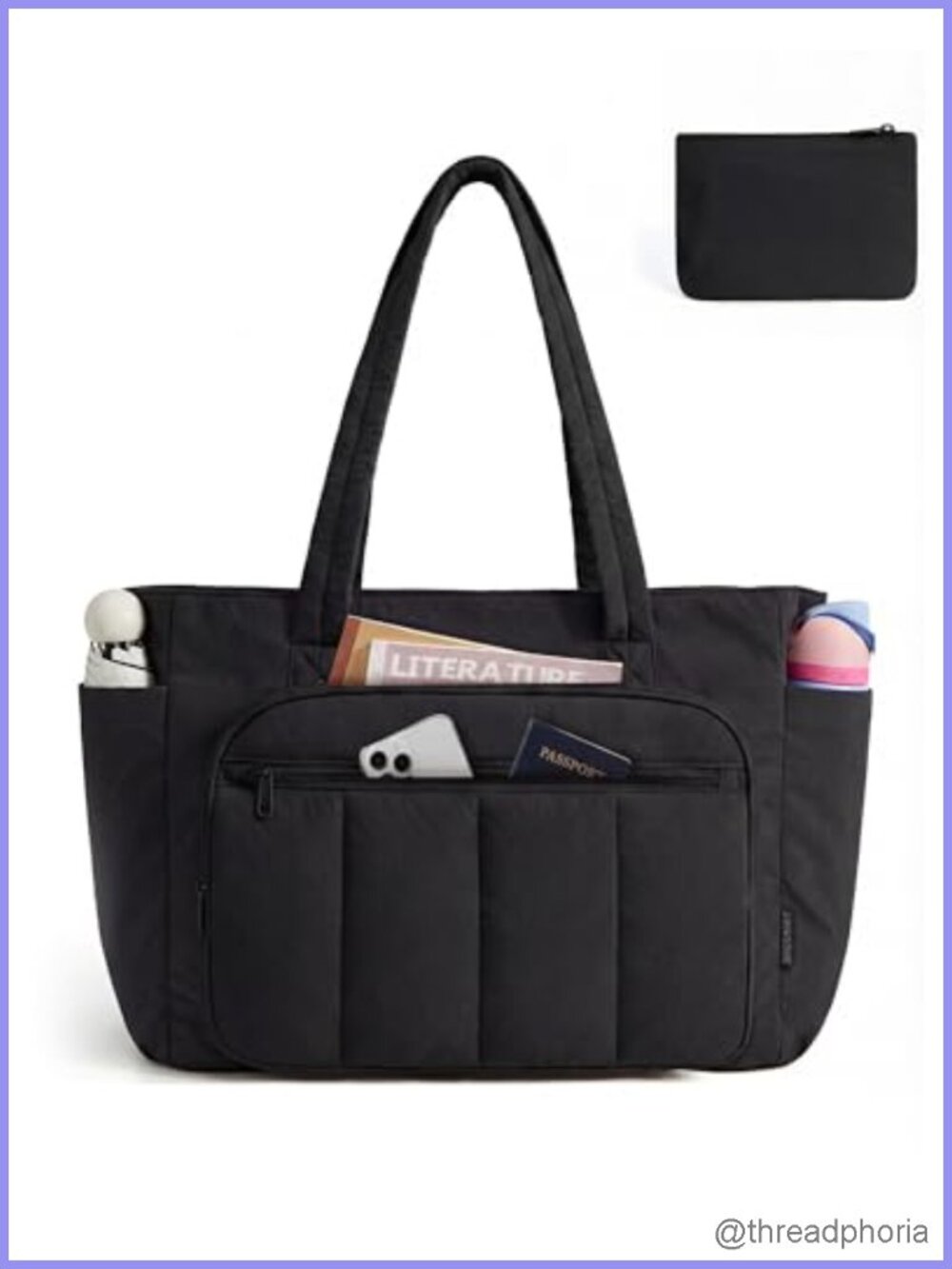 Quilted Nylon Tote Bag Set with Matching Pouch & Luggage Strap